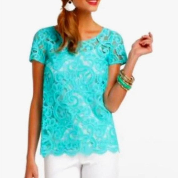 Lily Pulitzer Turquoise Lace Top Size XS Back Zip Puff Sleeve - Picture 10 of 11